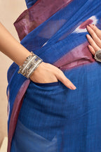 Vastranavya Blue Digital Printed Linen Ready To Wear Pocket Saree with Unstitched Blouse - Distacart