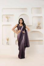 Wine Satin Pedding Designer, Printed Party Wear Ready To Wear Saree - Femina