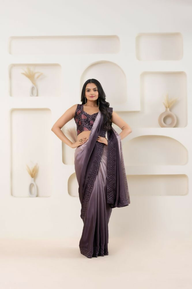Wine Satin Pedding Designer, Printed Party Wear Ready To Wear Saree - Femina