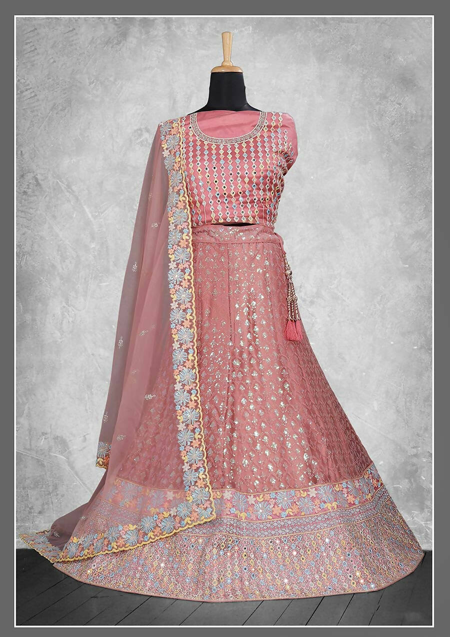 Pink Net Embroidery & Thread Work Bridal lahenga Choli with Dupatta - Nimaya Pavitra Rista