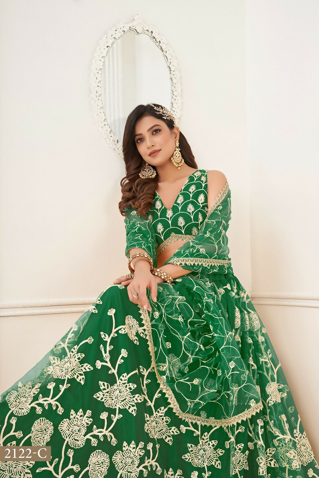Eilara Women'S Green Butterfly Net With Sequins And Embroidery Work Lehenga Choli For Wedding
