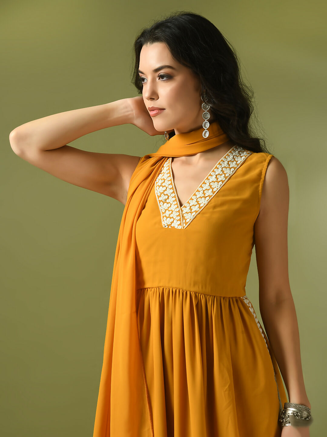 Myshka Women's Yellow Solid Georgette Anarkali Party Kurta Set With Dupatta