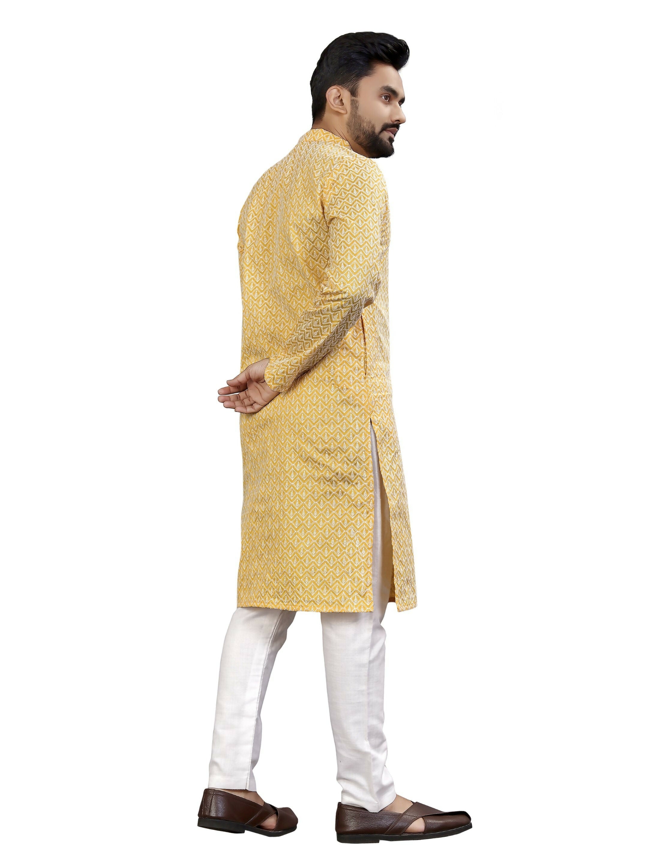 Anaita Yellow Lucknowi Work Silk Straight Kurta