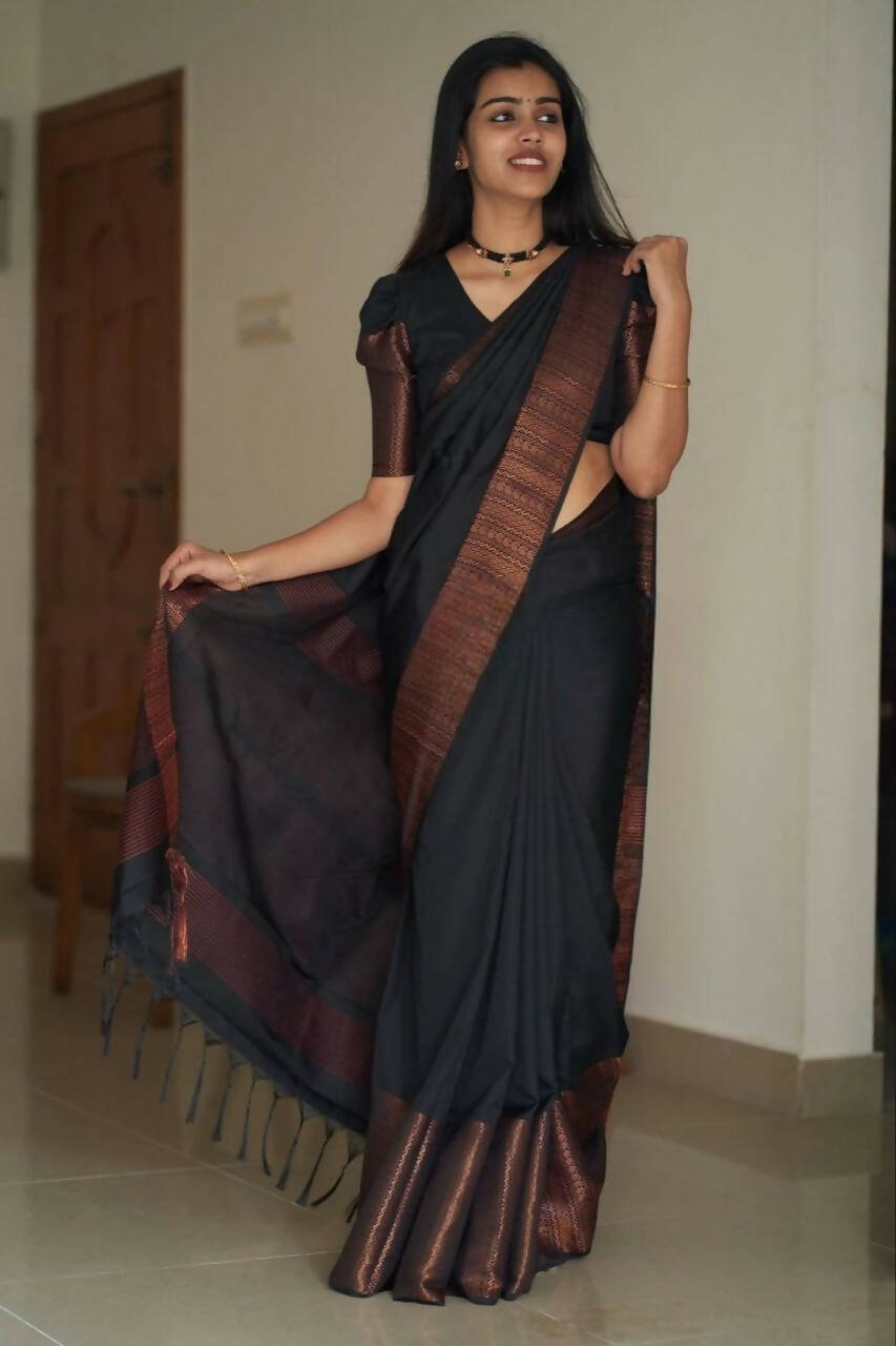 DEIANA'S Beautiful Designer Golden zari Soft Lichi Silk Saree - Black