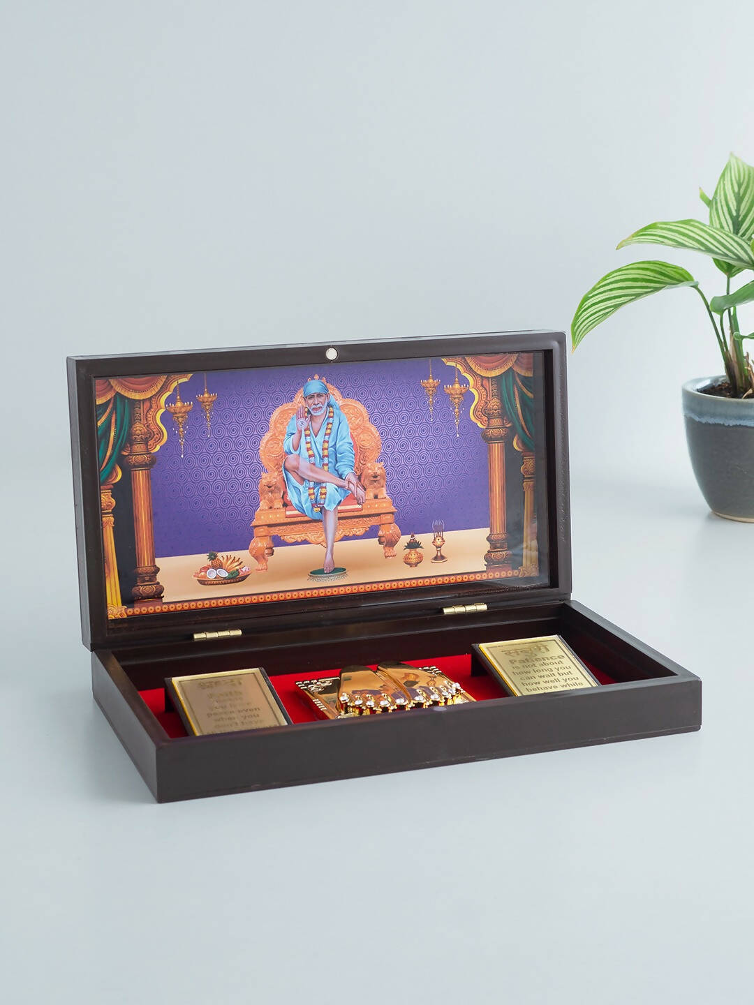 Golden Peacock Brown & Blue 24 CT Gold Foil Wooden Sri Sai Baba Pooja Box
