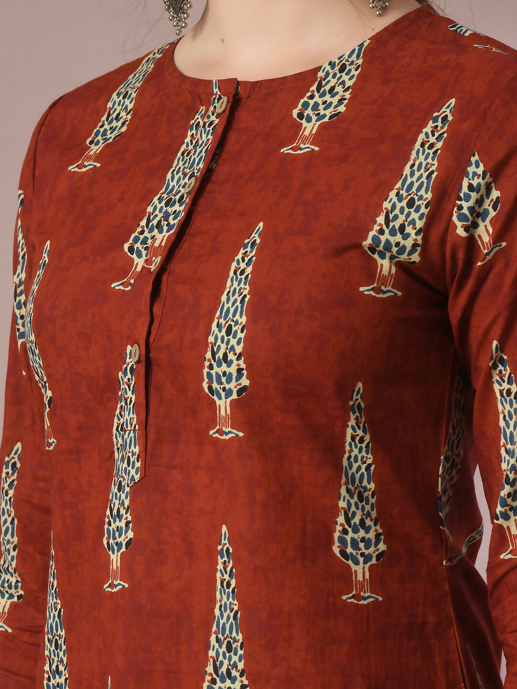 Myshka Women's Rust Printed Cotton Round Neck Party Tunic With Trousers Co-ord set