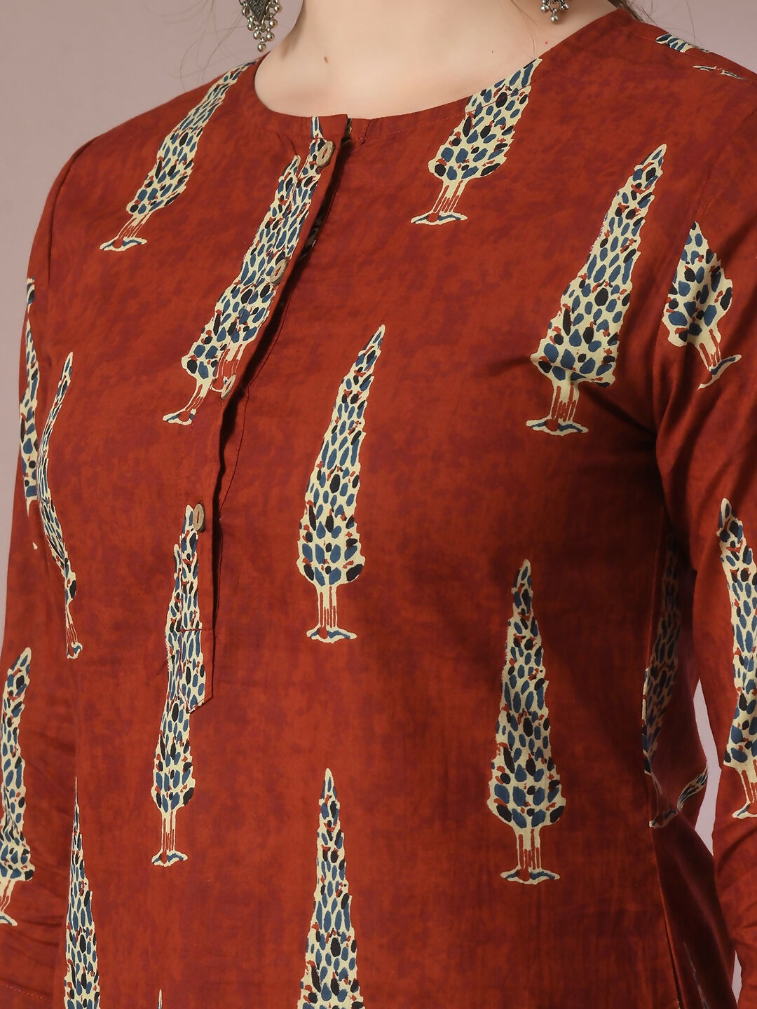 Myshka Women's Rust Printed Cotton Round Neck Party Tunic With Trousers Co-ord set