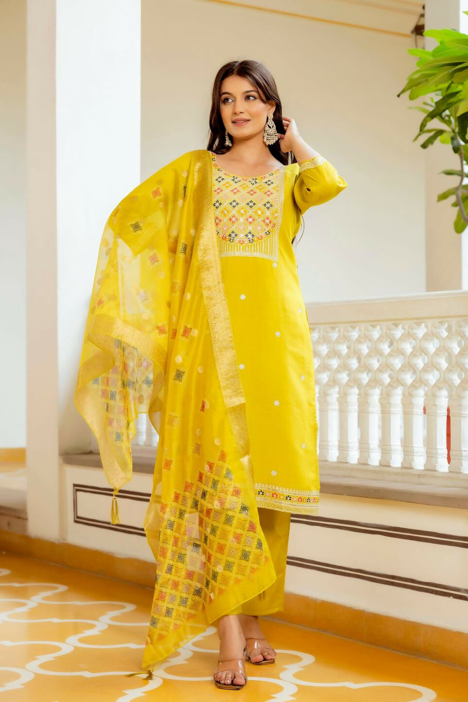 The52 Yellow Women's Beautiful Embroidered Viscose Shimmer Fabric with Straight Kurta, Pant and Dupatta Set - Distacart