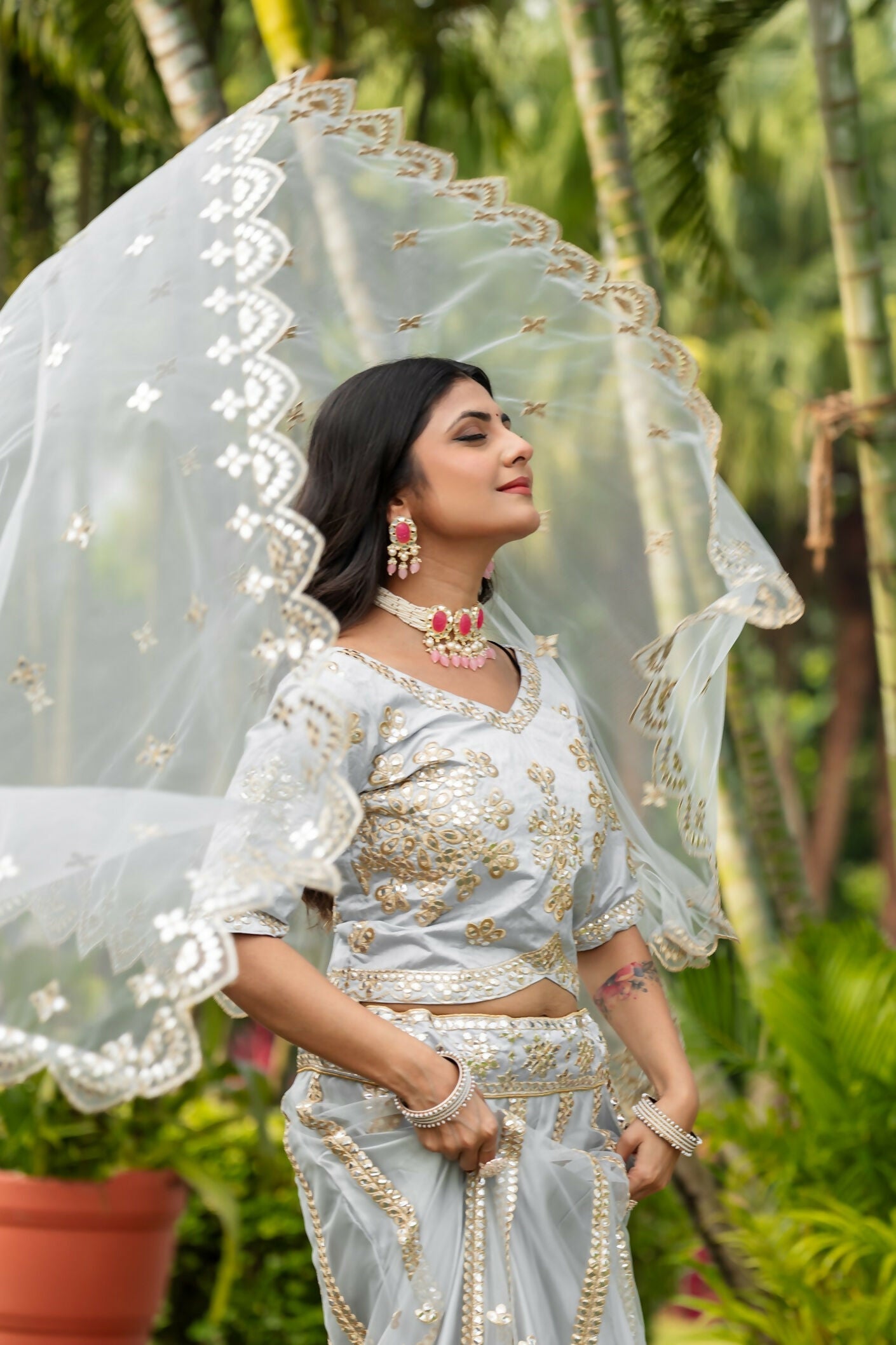 Eilara Glamorous Women'S Grey Zari With Paper Mirror Embroidered Net Fabric Lehenga Choli