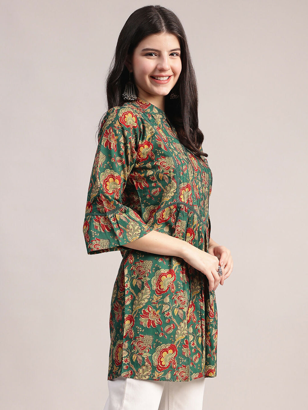 Aavyora Women's Ethnic Floral Printed Tunic - Green with Red & Gold Accents, Pin-Tucked Front, and Flared Hem