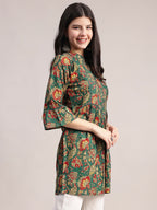 Aavyora Women's Ethnic Floral Printed Tunic - Green with Red & Gold Accents, Pin-Tucked Front, and Flared Hem
