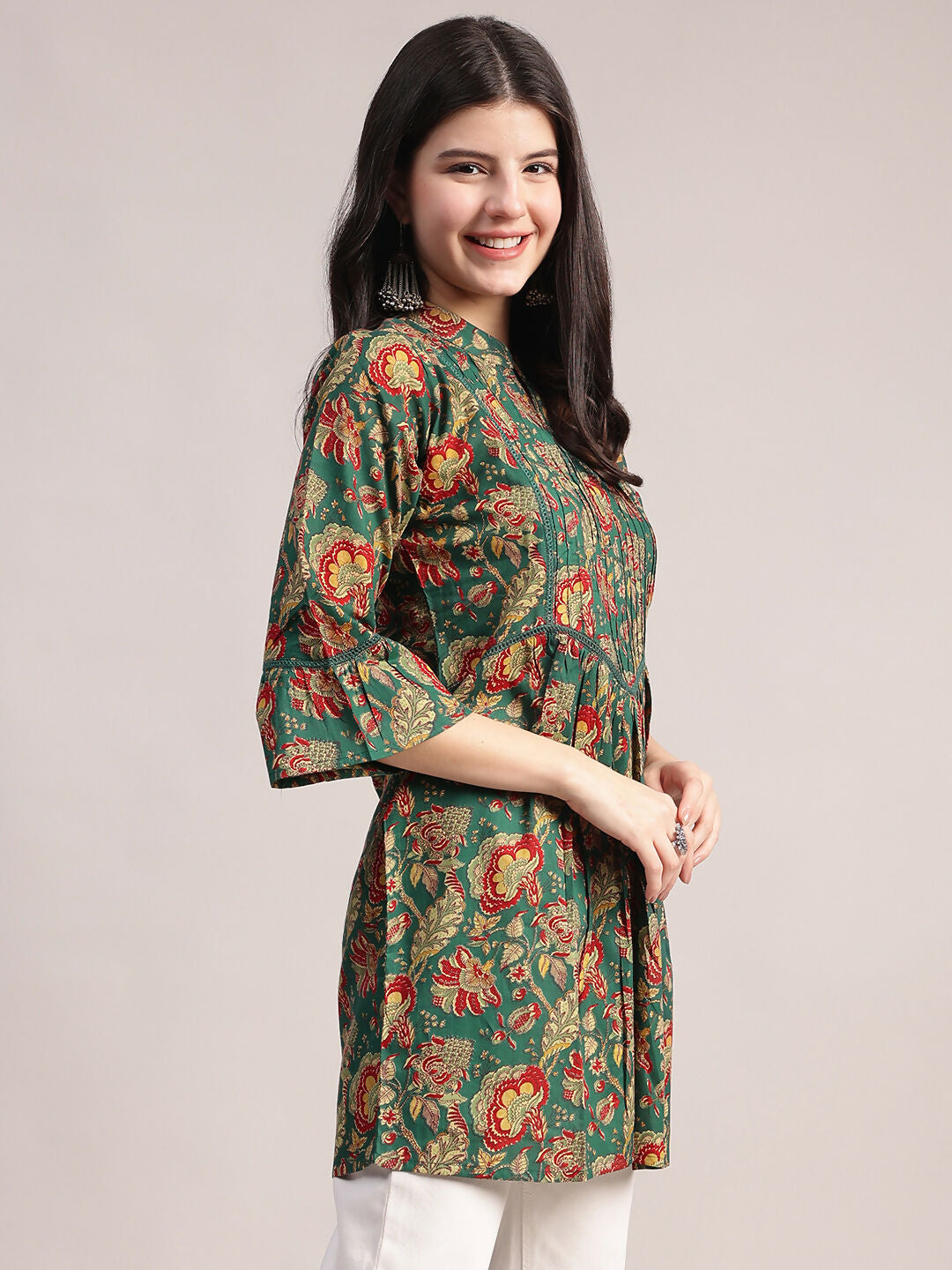 Aavyora Women's Ethnic Floral Printed Tunic - Green with Red & Gold Accents, Pin-Tucked Front, and Flared Hem