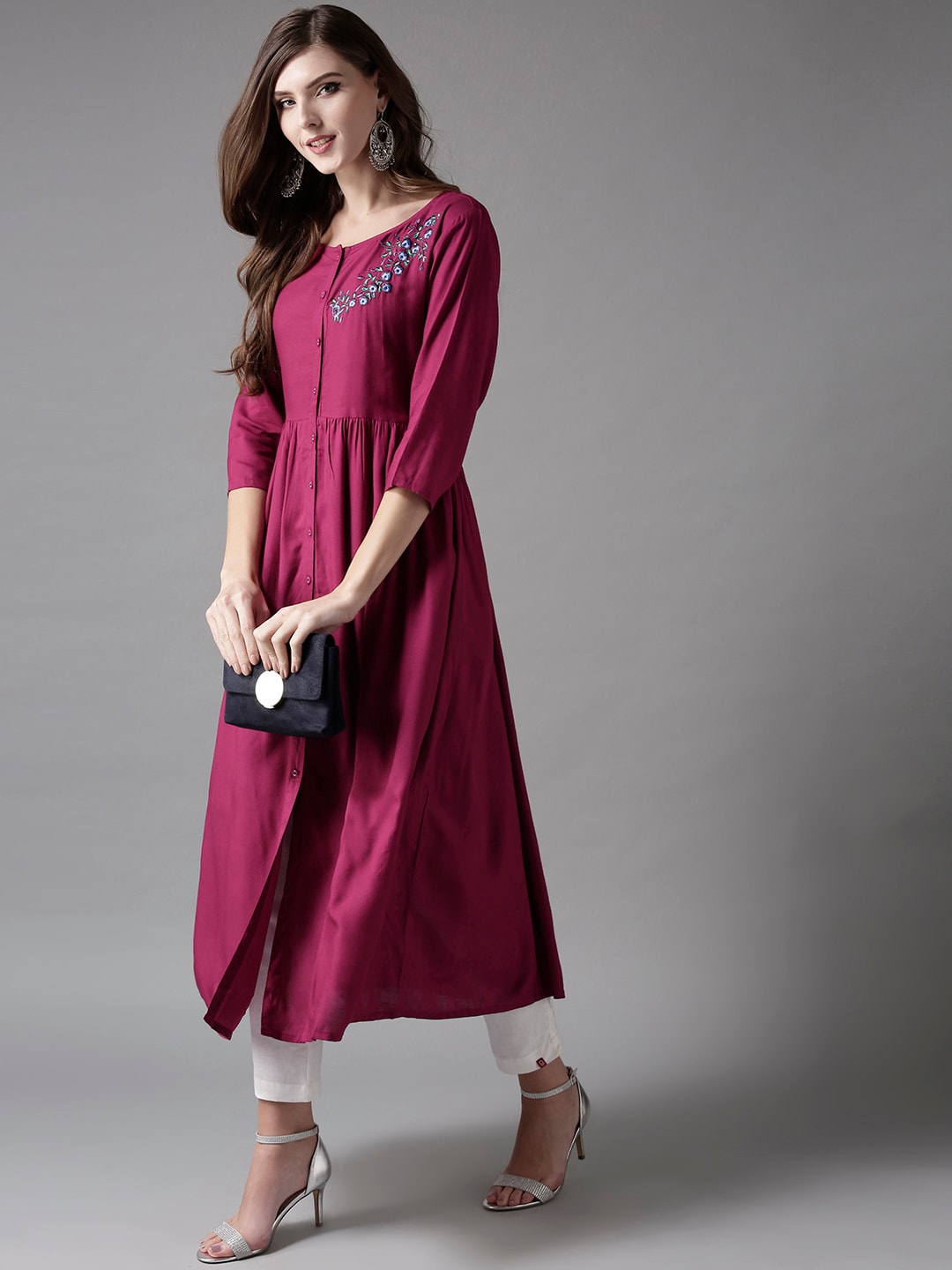 HERE&NOW Embroidered Wine Viscose Kurta