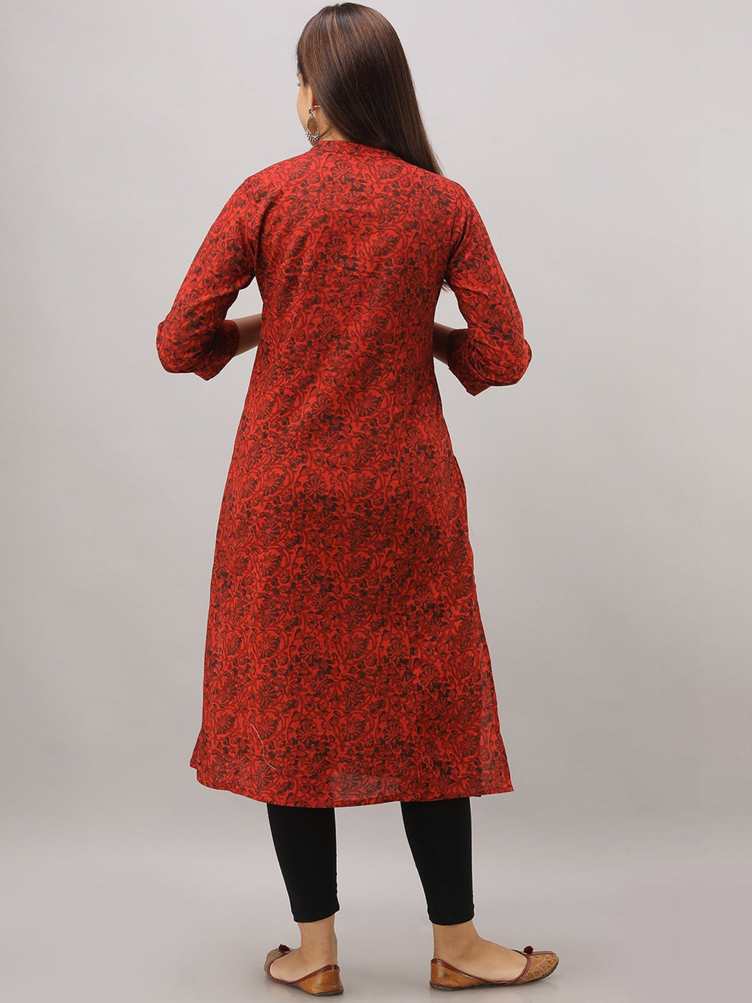 HERE&NOW Maroon Mandarin Collar Floral Straight A-Line Kurta