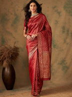 Sangria Red & Gold Toned Ethnic Motifs Woven Design Zari Banarasi Saree - Distacart