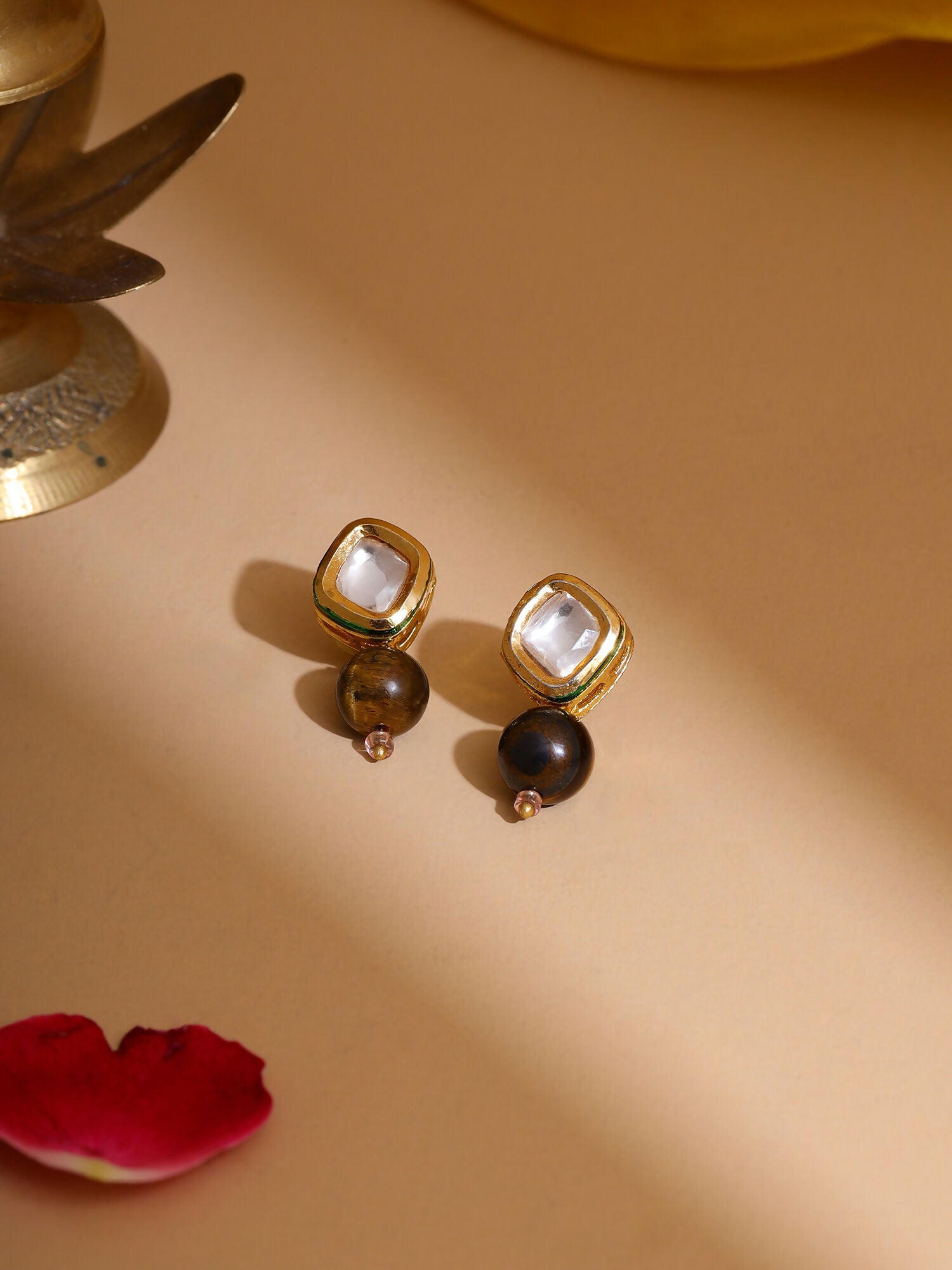 Ruby Raang Brown Tiger Eye Stone Kundan Studs - Distacart