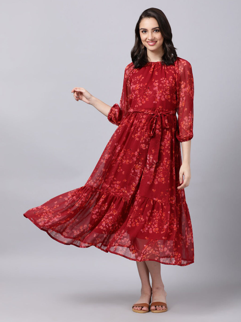 Souchii Maroon Floral Layered Chiffon A-Line Midi Dress - Distacart