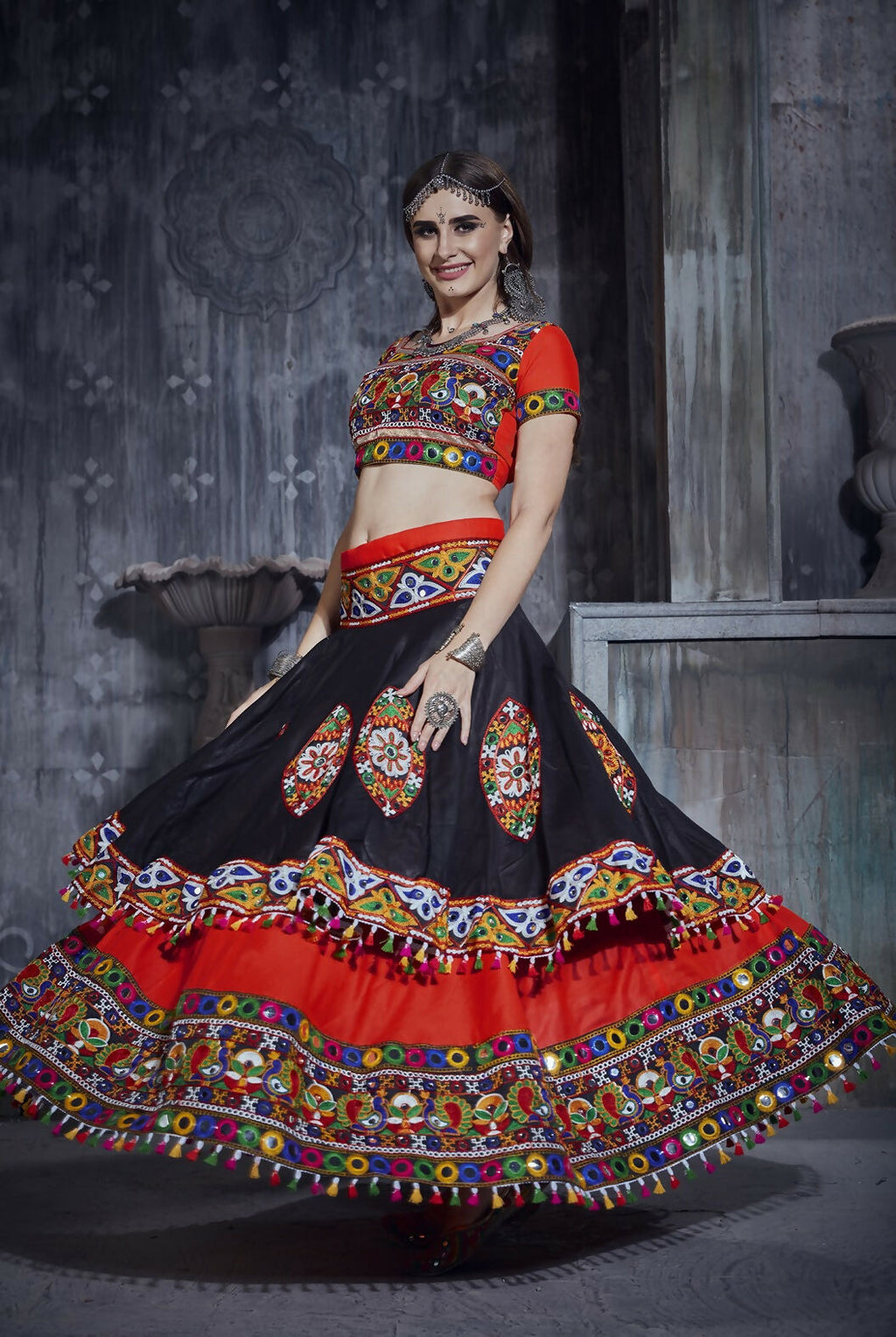 AI Fashion Black-Red Art Silk Designer Navratri Lehenga Choli Collection