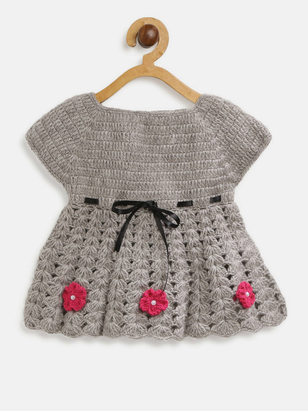 ChutPut Hand knitted Crochet Maharani Wool Dress For Baby Girls - Pink