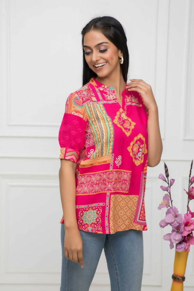 Myshka Women Red Floral Mandarin Collar Regular Sleeves Viscose Rayon Top - Distacart