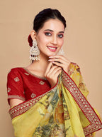 Sangria Floral Printed Embroidered Organza Saree - Distacart