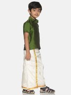 Sethukrishna Olive Green & White Solid Shirt and Veshti Set For Boys