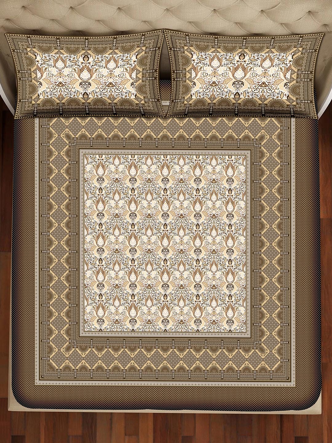 BELLA CASA Brown & Beige Ethnic Motifs Cotton 350 TC King Bedsheet with 2 Pillow Covers