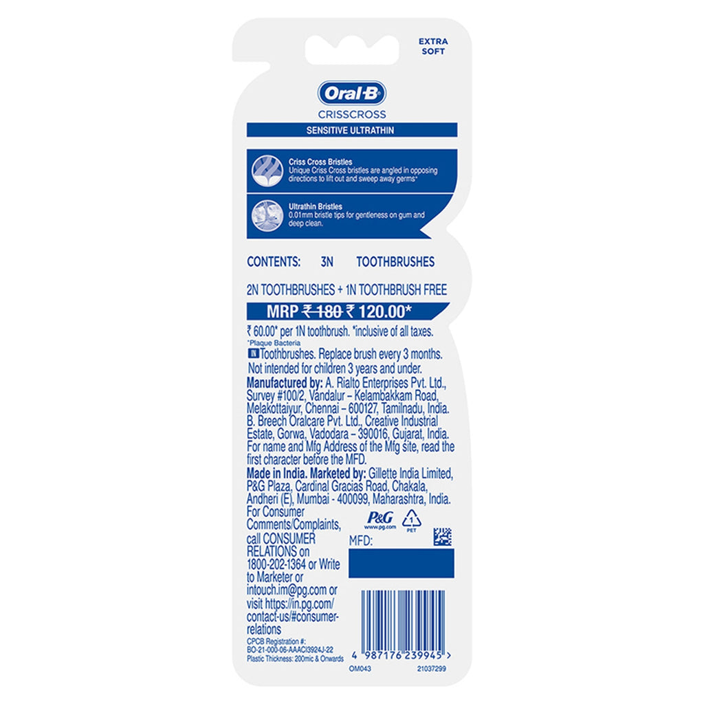 Oral-B Pro-Health Sensitive Toothbrush- Crisscross - Extra soft- Buy 2 Get 1 Free - Distacart