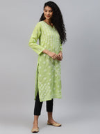 ADA Women Green & White Ethnic Motifs Chikankari Hand Embroidered Sustainable Kurta