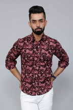 Miravan Men's Floral Slim Fit Long Sleeves Maroon Shirt