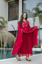 The52 Women's Beautiful Vichitra Silk Fabric Embroidery Work Flared Anarkali Pant and Dupatta Set - Distacart