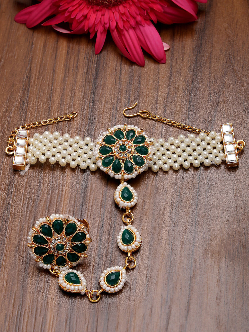 NVR Women's Green Gold-Polished Stone Studded Handcrafted Ring Bracelet - Distacart