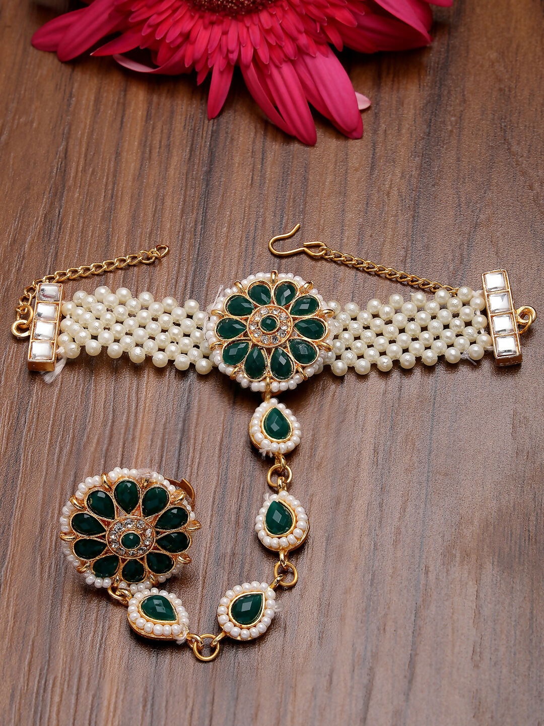 NVR Women's Green Gold-Polished Stone Studded Handcrafted Ring Bracelet - Distacart
