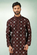 Raivat Ethnic Art Silk Printed Work Kurta Pajama In Brown Colour