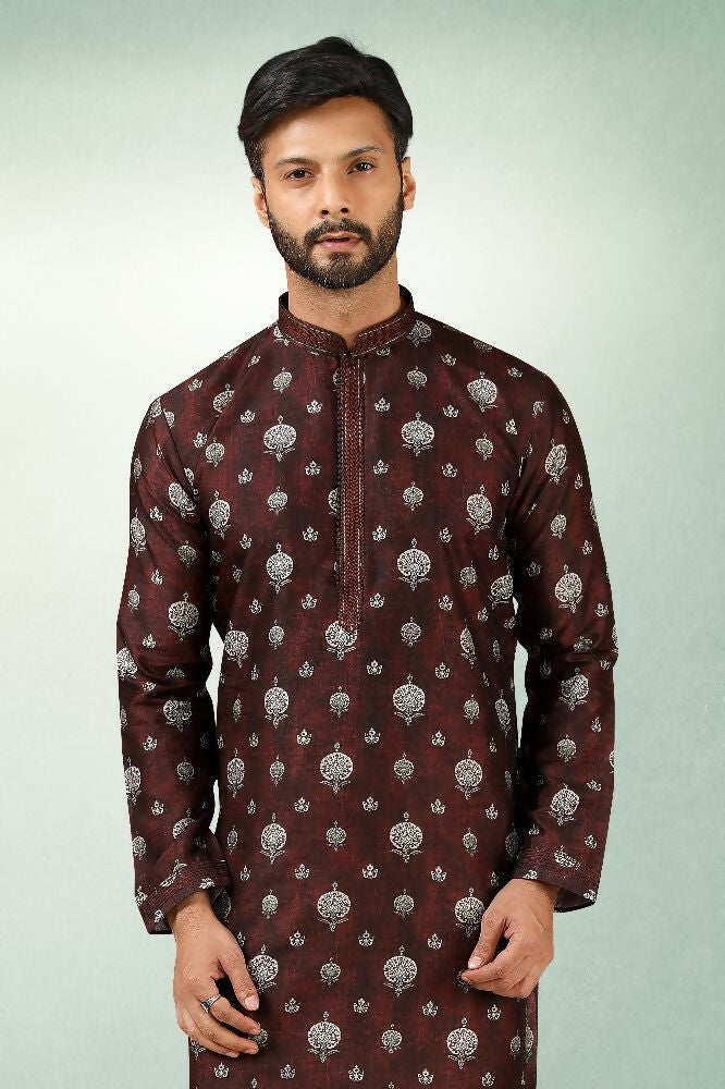 Raivat Ethnic Art Silk Printed Work Kurta Pajama In Brown Colour