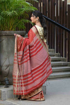 Beatitude Red Cotton Stripes Border Handloom Saree
