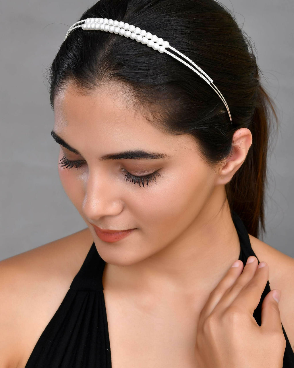 VOJ Silver Plated Pearl Studded Double Layer Hairband