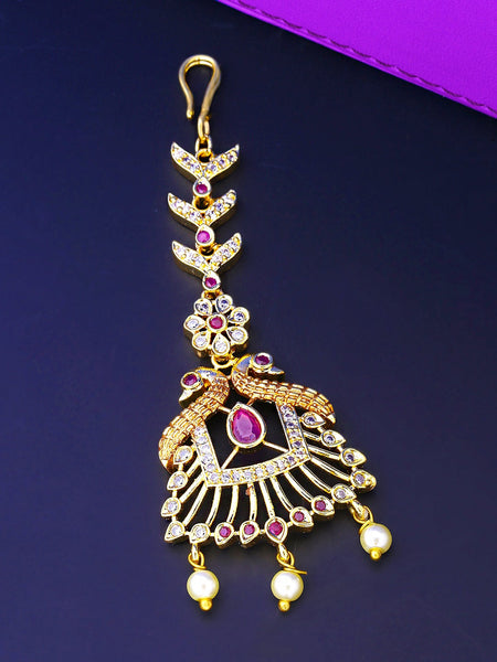 Yellow Chimes Women Gold -Toned Pink & White American Diamond Studded Handcrafted Maang Tikka