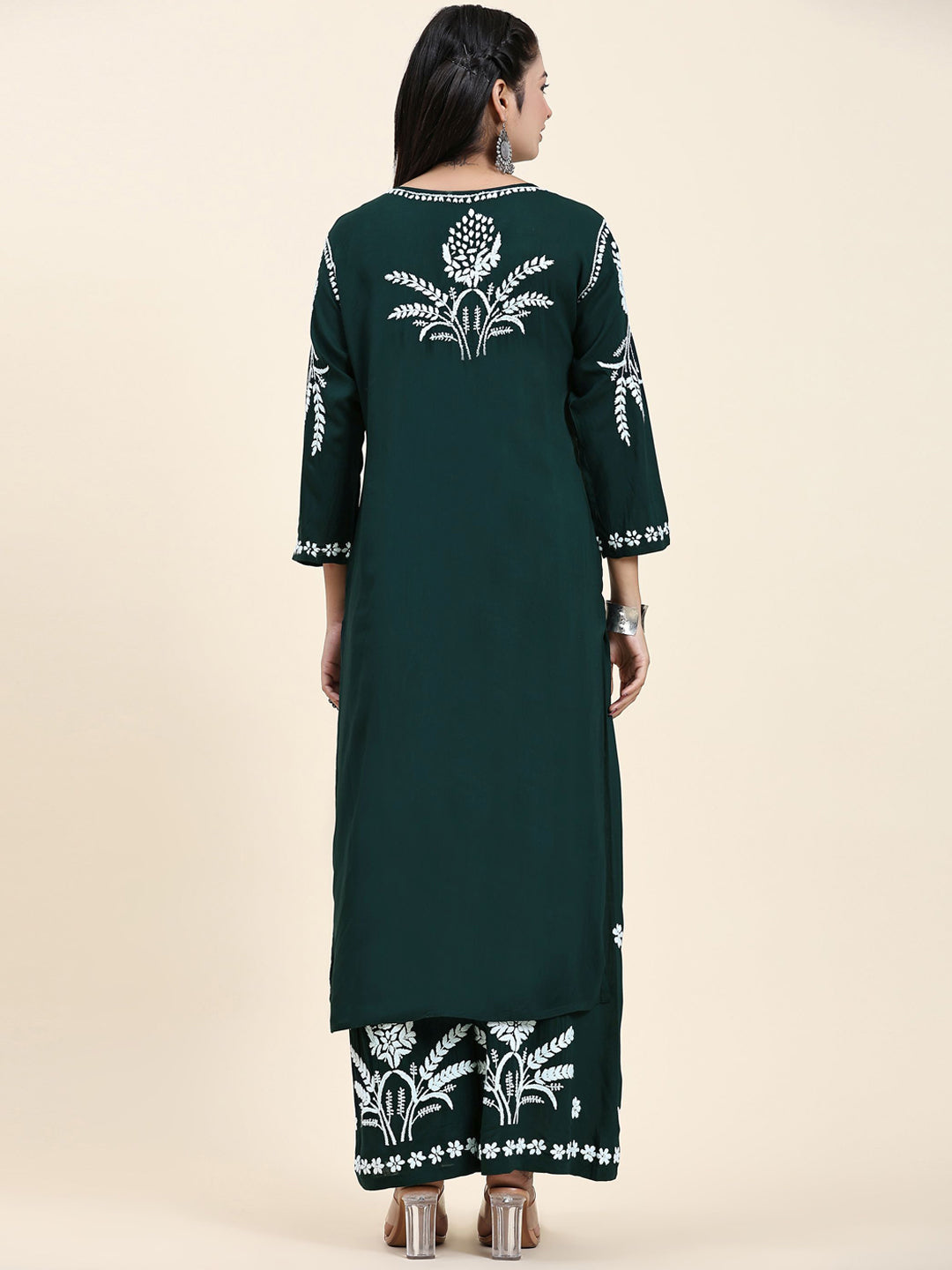 HOUSE OF KARI Floral Embroidered Chikankari Pure Cotton Straight Kurta With Palazzo