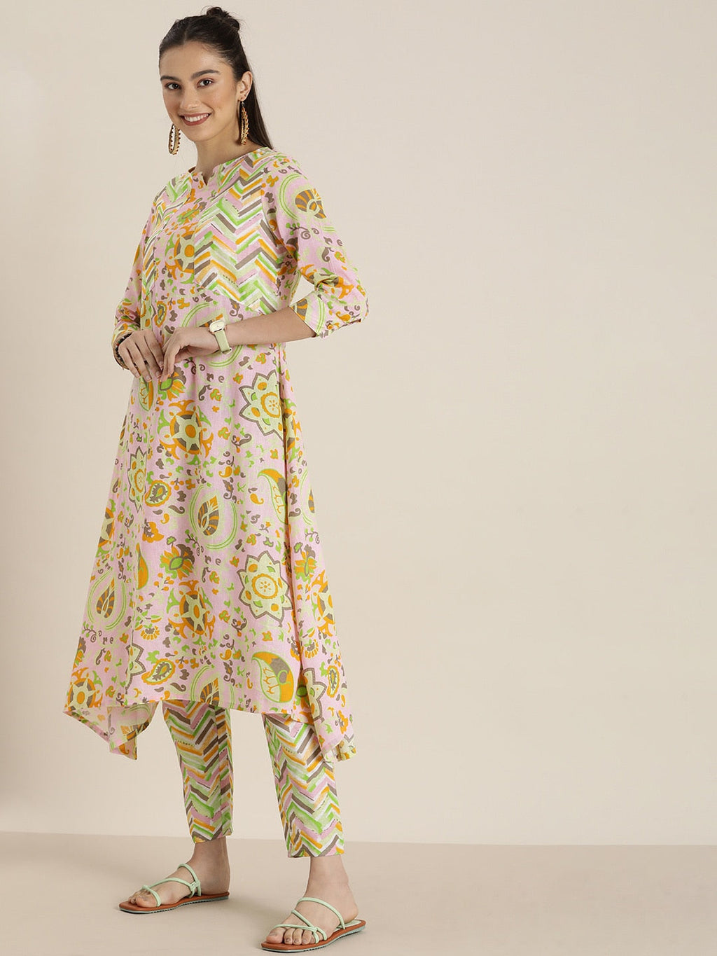 Sangria Women Pink & Yellow Ethnic Motifs Printed Cotton Kurta with Trousers & Dupatta