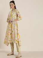 Sangria Women Pink & Yellow Ethnic Motifs Printed Cotton Kurta with Trousers & Dupatta