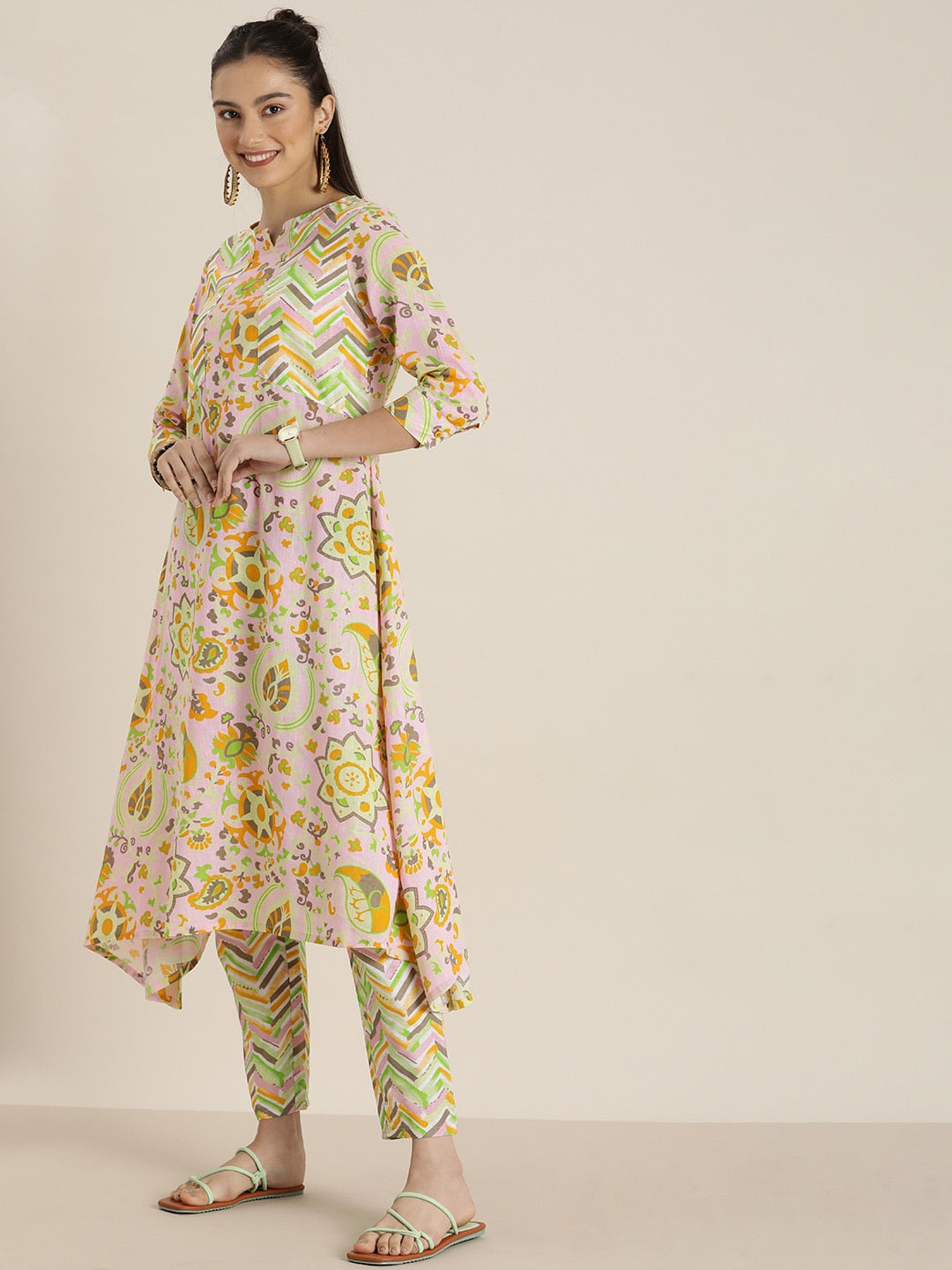 Sangria Women Pink & Yellow Ethnic Motifs Printed Cotton Kurta with Trousers & Dupatta