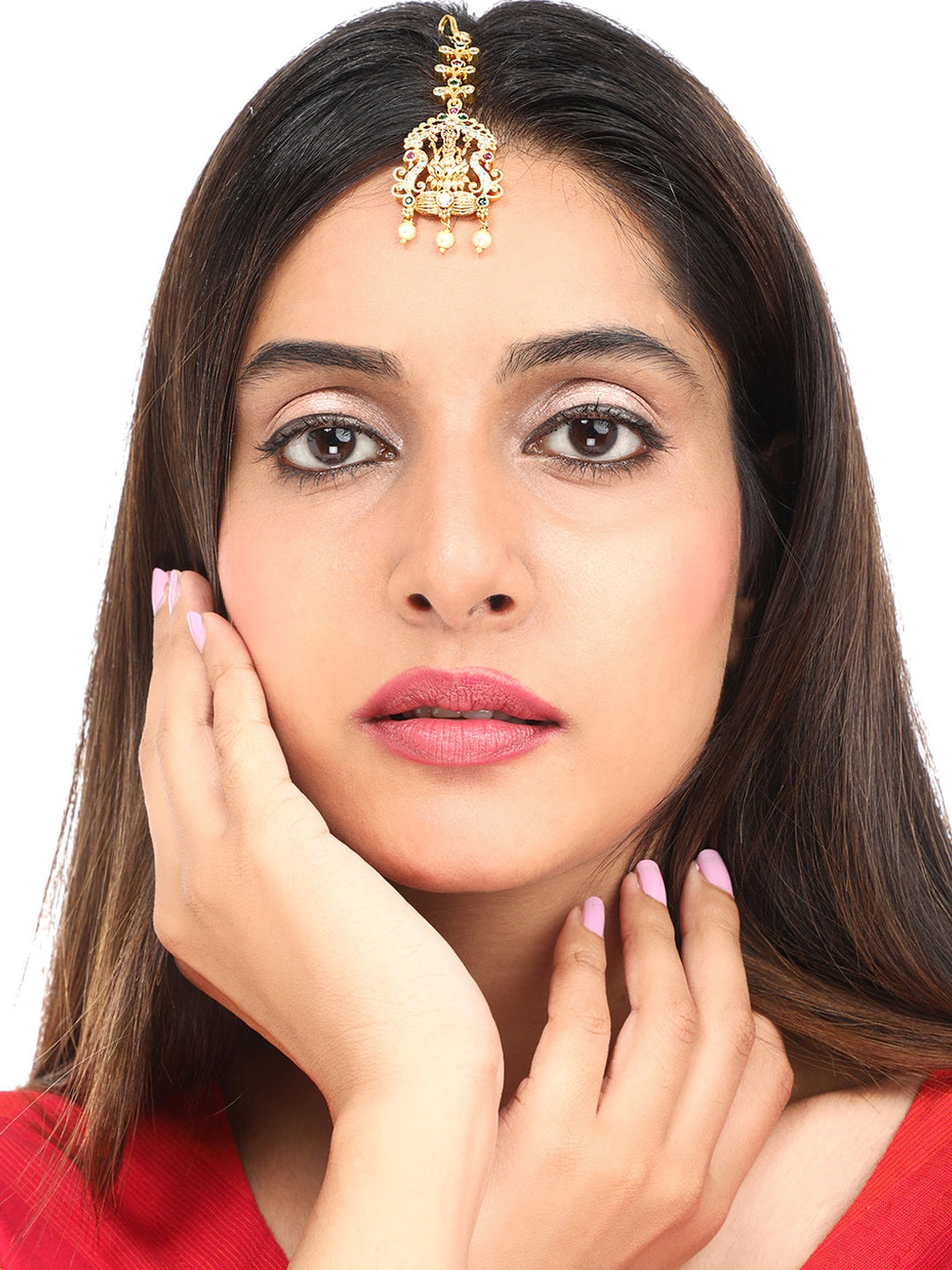 Yellow Chimes Women Gold-Plated White & Red Ad Studded Handcrafted Maang Tikka - Distacart
