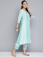 HERE&NOW Women Turquoise Blue Floral Printed Pure Cotton Kurta with Palazzos & With Dupatta