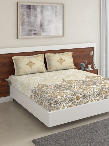 DDecor Beige & Grey Ethnic Motifs 180 TC Cotton 1 King Bedsheet with 2 Pillow Covers