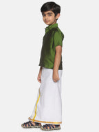 Sethukrishna Boys Olive Green & White Shirt And Veshti Set