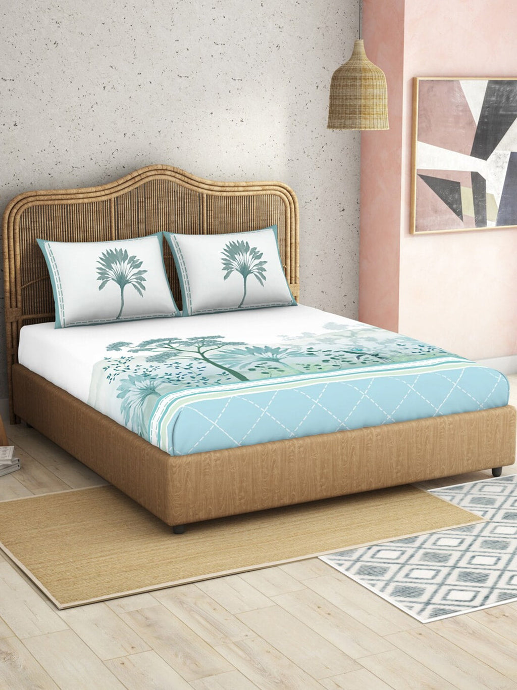 SPACES Kalakari Haath Teal Green Print Pure Cotton 210 TC King Bedsheet & 2 Pillow Covers