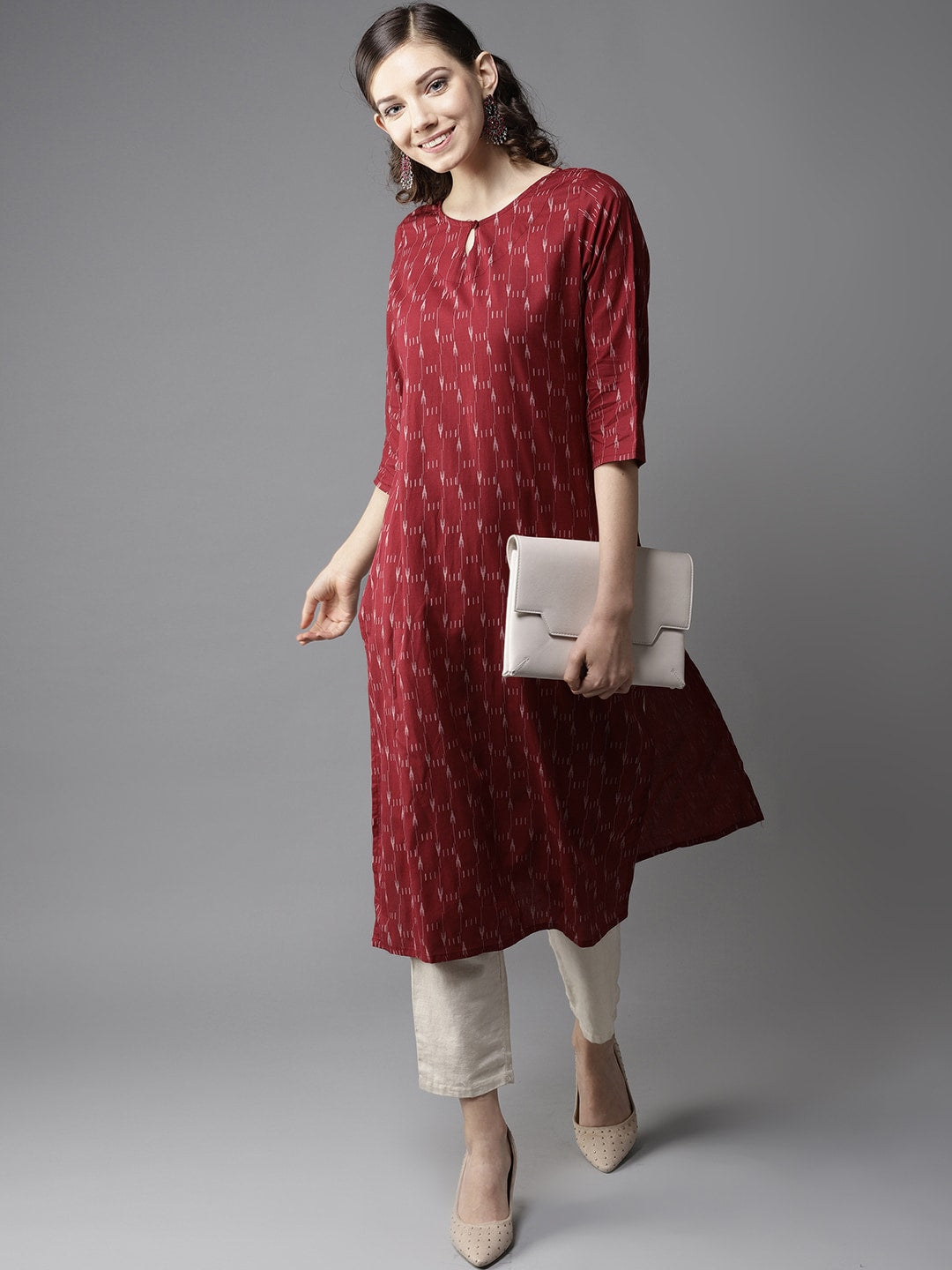 HERE&NOW Women Maroon & Off-White Printed Straight Kurta