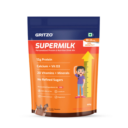 Gritzo SuperMilk Height+ Health Drink for 10-12y Girls - Double Chocolate Flavor