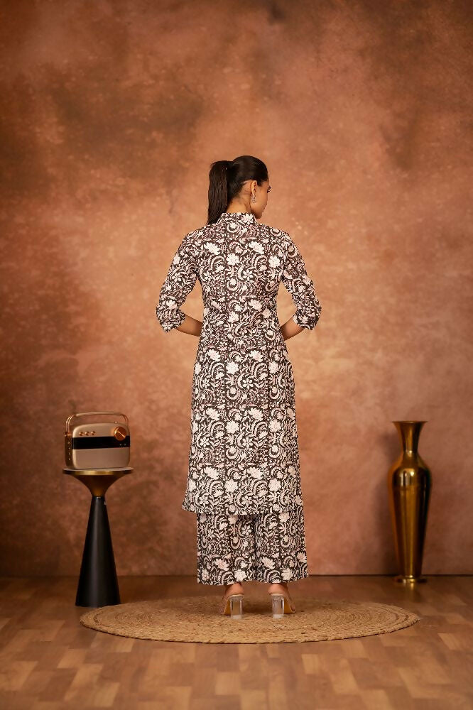 Joban Fashion Black Floral Hand Block Printed Cotton Kurta Pant Set - Distacart